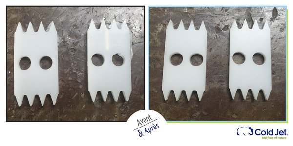 Comparaison avant et après l'ébavurage cryogénique de pièces industrielles en plastique blanc, montrant la suppression nette des bavures sur les bords dentelés et les orifices.