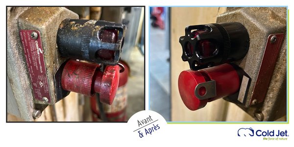 Comparaison avant-après du nettoyage cryogénique par Cold Jet sur des boutons de commande industriels encrassés.