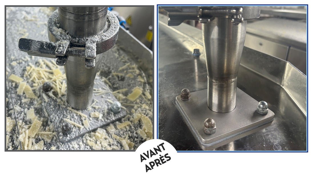 Comparaison avant/après nettoyage cryogénique d'un équipement de production agroalimentaire : résidus alimentaires incrustés à gauche, surface inox propre à droite